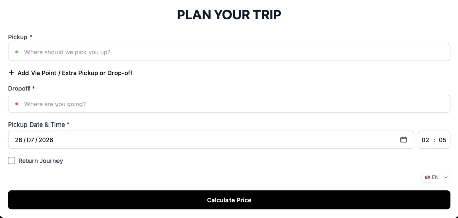 CabZen booking widget headed Plan Your Trip, with pickup and drop-off address fields, an add via point option, pickup date and time, a return journey checkbox, a language selector and a Calculate Price button.