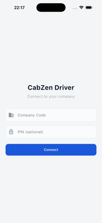 CabZen Driver sign-in screen asking for a company code and optional PIN.