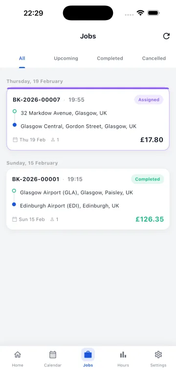 Jobs list in the CabZen Driver app showing an assigned airport transfer and a completed job with fares.