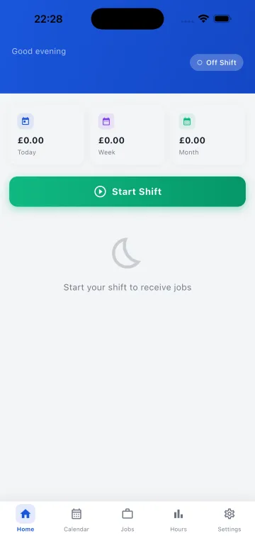 CabZen Driver home screen showing an Off Shift status toggle, today, week and month earnings totals, and a Start Shift button.